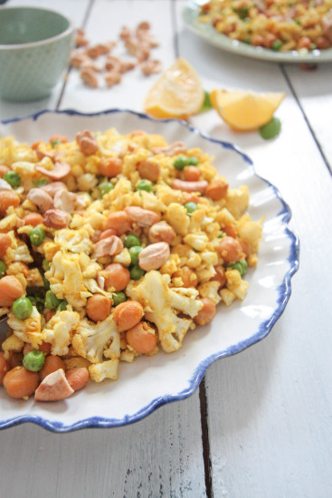 Curried Cauliflower-“Rice” with Roasted Chickpeas and Cashews