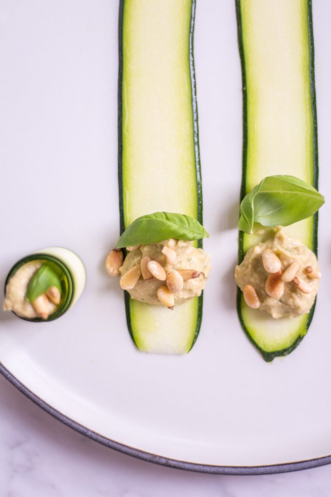 Finger Food Zucchini Basil Rolls with basil hummus - Heavenlynn Healthy